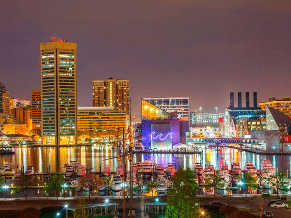 Downtown Baltimore, Maryland at night